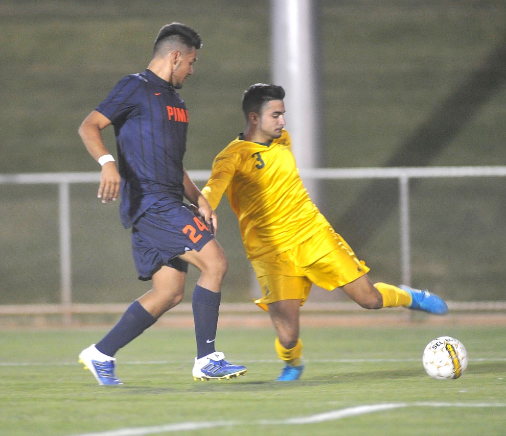 Yavapai's Ziyad Fares (3) takes a shot on goal as the Roughriders take on Pima Community College in soccer Tuesday night in Prescott Valley. (Les Stukenberg/Courier)