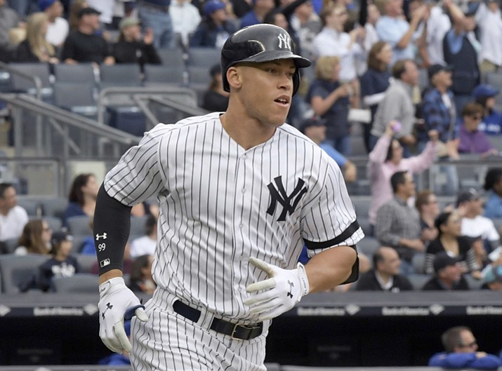 New York Yankees' Aaron Judge rounds the bases with a home run during the fourth inning of a baseball game against the Toronto Blue Jays, Saturday, Sept.30, 2017, at Yankee Stadium in New York. (Bill Kostroun/File, AP)