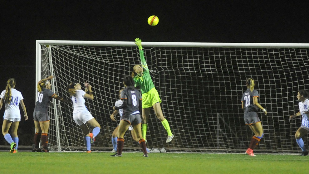 Embry Riddle's Emily Lambert (0) makes a save as the Eagles hosted Ottawa University from Surprise in a women's soccer matchup Tuesday night in Prescott. (Les Stukenberg/Courier)