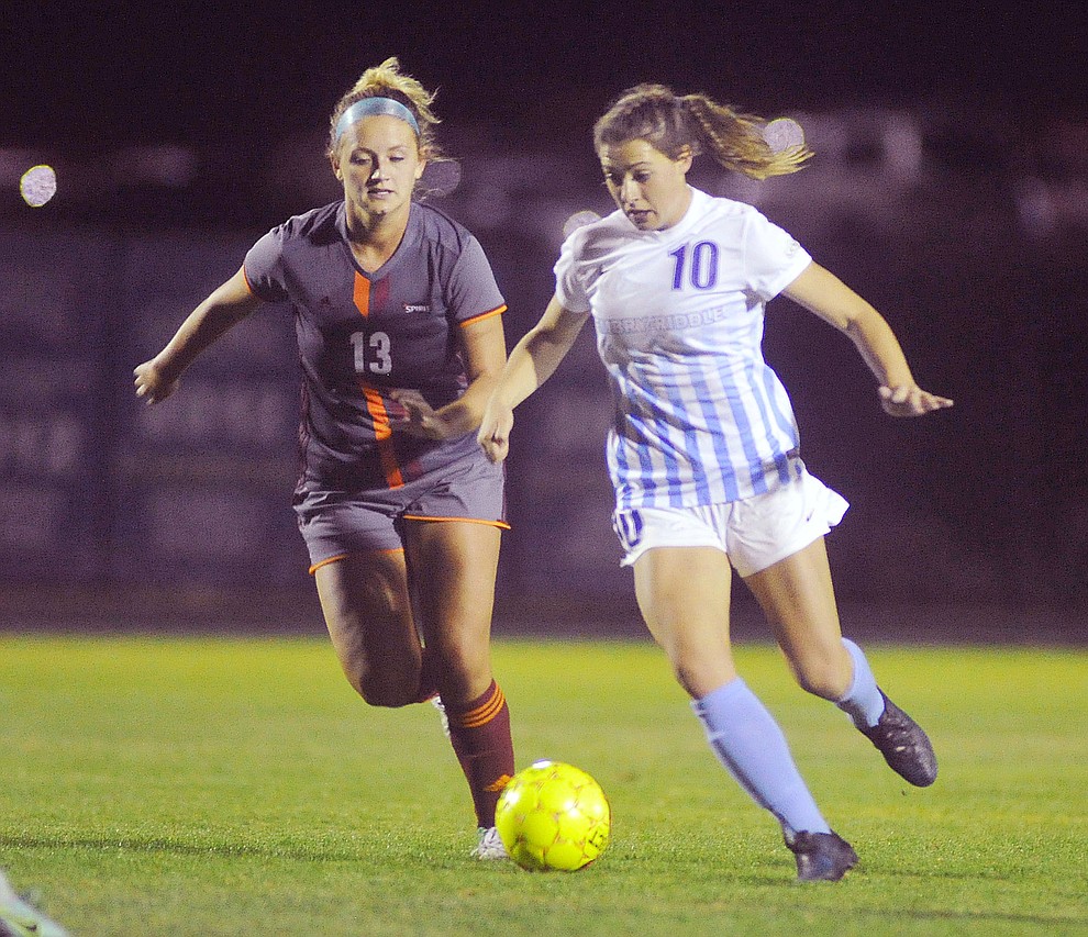 Embry Riddle's Riley Martinson (10) prepares to shoot on goal as the Eagles hosted Ottawa University from Surprise in a women's soccer matchup Tuesday night in Prescott. (Les Stukenberg/Courier)