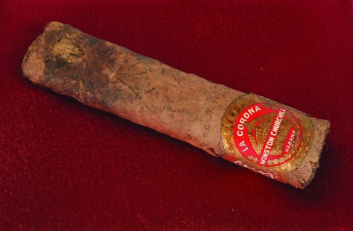 A half-smoked cigar once smoked by British Prime Minister Winston Churchill during a 1947 trip to Paris sold for just over $12,000 in an online auction. Boston-based RR Auction says the 4-inch (10-centimeter) cigar was bought Wednesday evening, Oct. 11, 2017, by a collector from Palm Beach, Florida. The buyer’s name wasn’t released. (RR Auction photo via AP)

