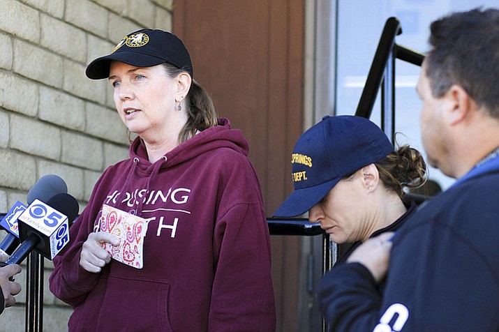 Cathryn Gorospe, a 44-year-old woman, was reported missing Oct. 8 after posting bond for Charlie Malzahn in Flagstaff. Cathryn’s mother-in-law, Deidre Gorospe, and brother, Cory Gorospe, organized a search party Oct. 12 in Williams. Deidre gave a brief update to reporters at the police department before searchers left. (Loretta Yerian/Courtesy) 

