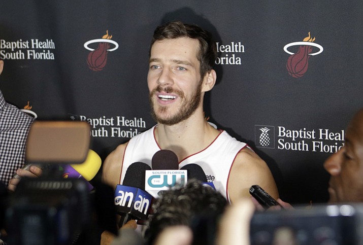 Miami Heat's Goran Dragic talks to reporters during Media Day, Monday, Sept. 25, 2017, in Miami. (Alan Diaz/AP)