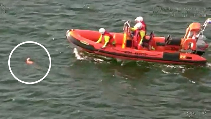 A Maritime and Coastguard Agency helicopter on a training mission spotted a struggling cockerpoo being swept out to sea Sunday on Scotland’s northeast coast. The crew alerted a rescue boat and filmed as the dog was scooped from the cold water. (UK Maritime and Coastguard Agency)