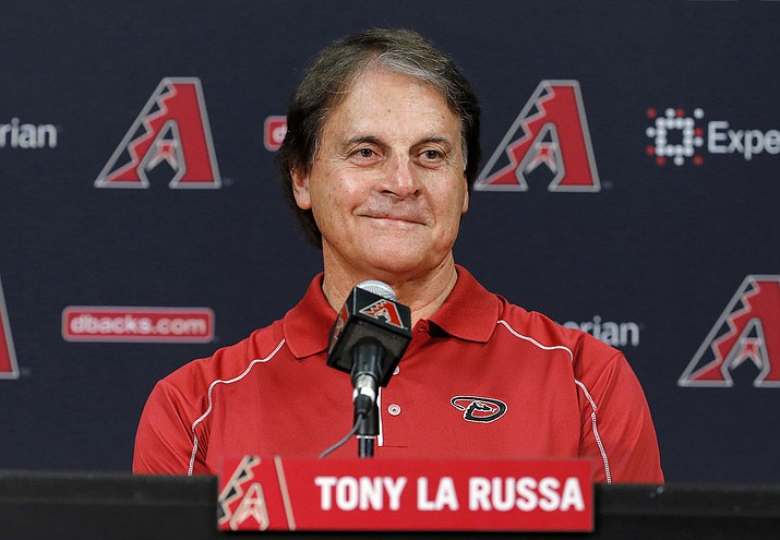 In this May 17, 2014, file photo, Tony La Russa, newly hired as chief baseball officer for the Arizona Diamondbacks, speaks to reporters after being introduced Saturday, May 17, 2014, in Phoenix. La Russa is leaving the Arizona Diamondbacks organization. La Russa served as chief baseball officer from 2015 to 2016 and became chief baseball analyst when the new regime of general manager Mike Hazen and manager Torey Lovullo arrived last spring. (Matt York/AP, File)