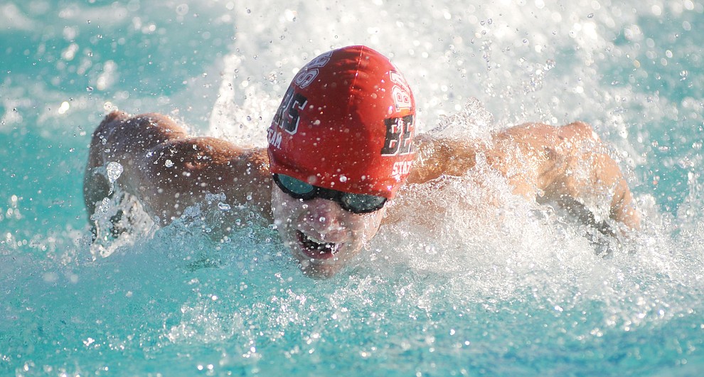 Bradshaw Mountain's Josh Baillie swims the butterfly as the Bears hosted Prescott at Mountain Valley Splash Thursday afternoon in Prescott Valley. (Les Stukenberg/Courier)