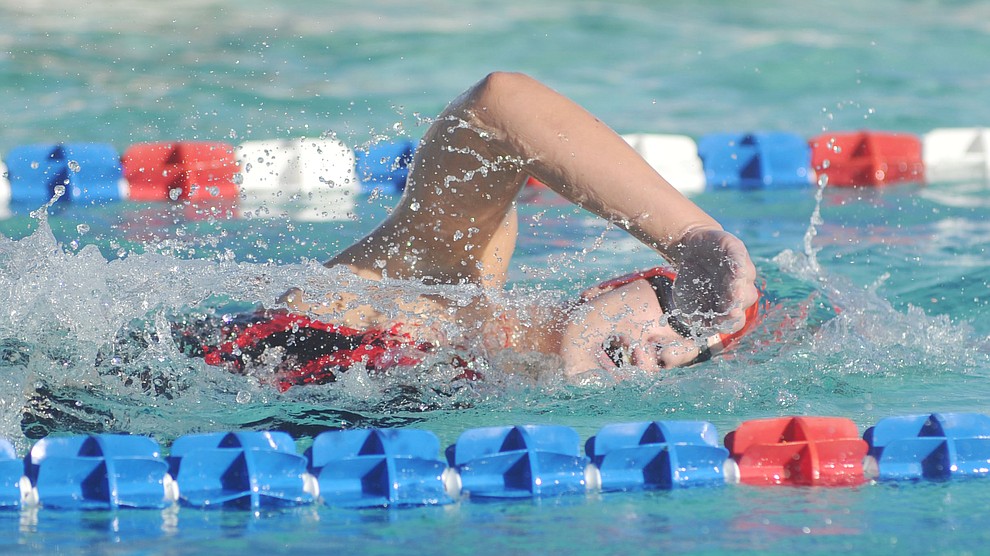 Bradshaw Mountain's Rene Baillie wins the 200 freestyle as the Bears hosted Prescott at Mountain Valley Splash Thursday afternoon in Prescott Valley. (Les Stukenberg/Courier)