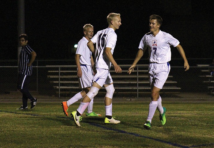 Camp Verde celebrates a goal earlier in the season. As of press time, the Cowboys have won five in a row, have an unbeaten streak of 14 games and moved up to No. 3 in the rankings. (VVN/James Kelley)