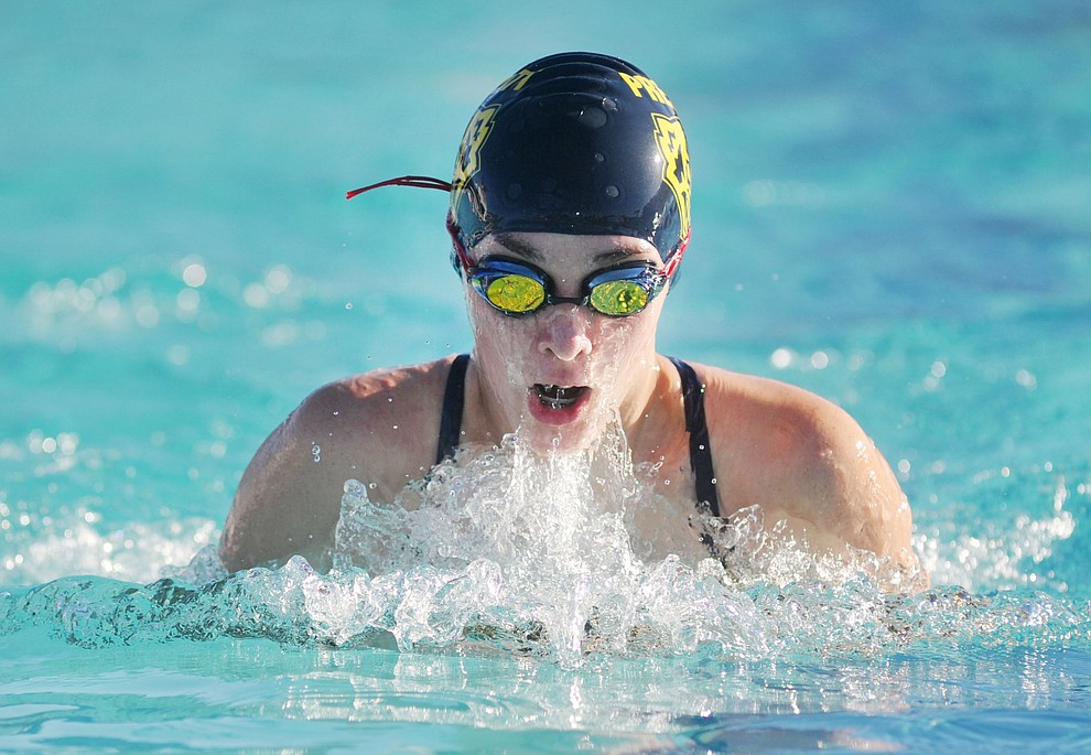 Prescott's Aly Warren swims the breast stroke as the Badgers traveled to Bradshaw Mountain for a swim meet at Mountain Valley Splash Thursday afternoon in Prescott Valley. (Les Stukenberg/Courier)