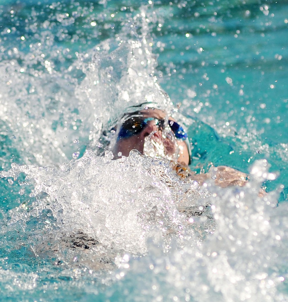 Prescott's Brea Christopherson swims the backstroke as the Badgers traveled to Bradshaw Mountain for a swim meet at Mountain Valley Splash Thursday afternoon in Prescott Valley. (Les Stukenberg/Courier)