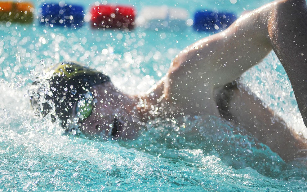 Prescott's Paul Kinach wins the 200 freestyle as the Badgers traveled to Bradshaw Mountain for a swim meet at Mountain Valley Splash Thursday afternoon in Prescott Valley. (Les Stukenberg/Courier)