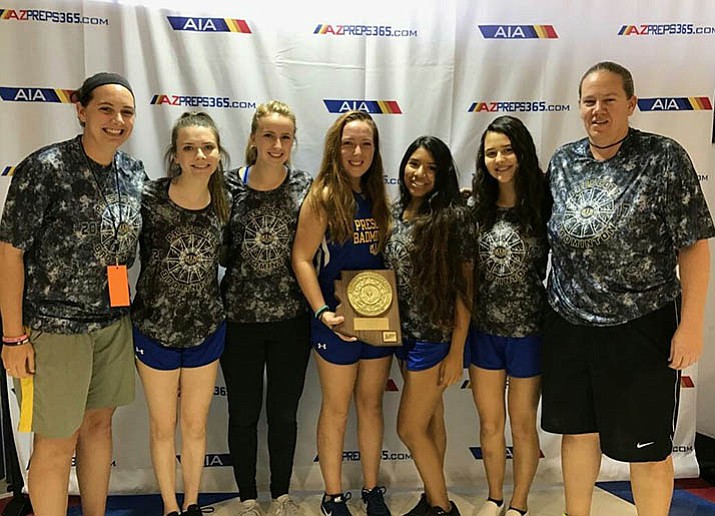 Prescott’s badminton team traveled to the AIA Division 2 Individual State Championships on Friday and Saturday at Independence High School in Glendale. The 2017 Badgers, from left, assistant coach Abby Sabato, Sara D’Alessandro, Carolyn Hulse, Abby Nelson (holding Northwest Section Champions plaque), Zoey Frazier, Mackenzie Schultz and coach Bobbi Yoder. (Courtesy/Bobbi Yoder)