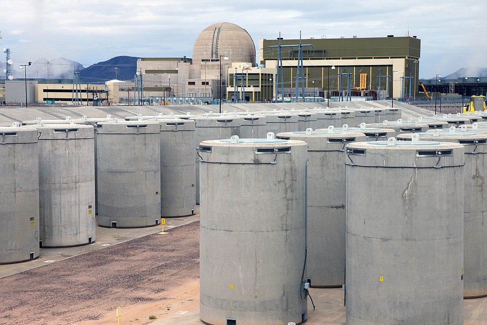 This file photo from 2015 pictures a football-field-sized storage facility on the grounds of Palo Verde Nuclear Generating Station, where 144 20-foot tall concrete casks contain the station’s spent fuel rods. The casks require no power, but are monitored continuously. (APS/Courtesy)