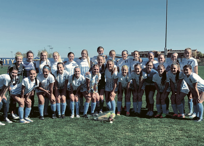 The Embry-Riddle women’s soccer team poses for a photo after claiming the programs third California Pacific Conference regular season title with a 6-0 win over Providence Christian on Saturday, Oct. 28, 2017, in Prescott. (ERAU Athletics/Courtesy)