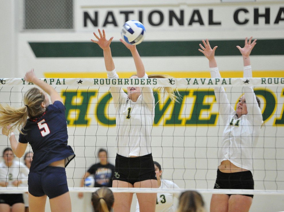 Yavapai's Madelynne McKeown makes a block as the Roughriders take on Seminole State in the NJCAA Region 1/District B semifinal game Wednesday night in Prescott. (Les Stukenberg/Courier)