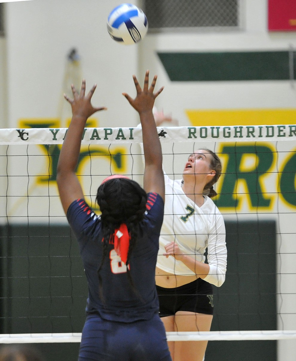 Yavapai's Nynke deVries gets a kill as the Roughriders take on Seminole State in the NJCAA Region 1/District B semifinal game Wednesday night in Prescott. (Les Stukenberg/Courier)