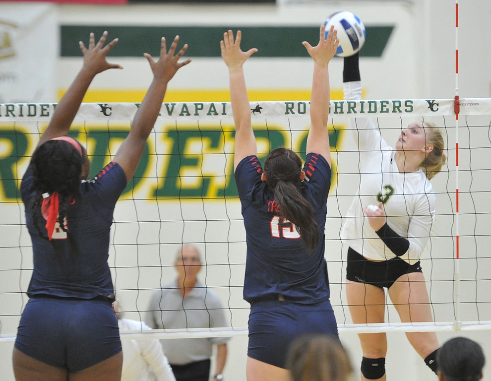 Yavapai's Jailynn Butler makes a kill as the Roughriders take on Seminole State in the NJCAA Region 1/District B semifinal game Wednesday night in Prescott. (Les Stukenberg/Courier)