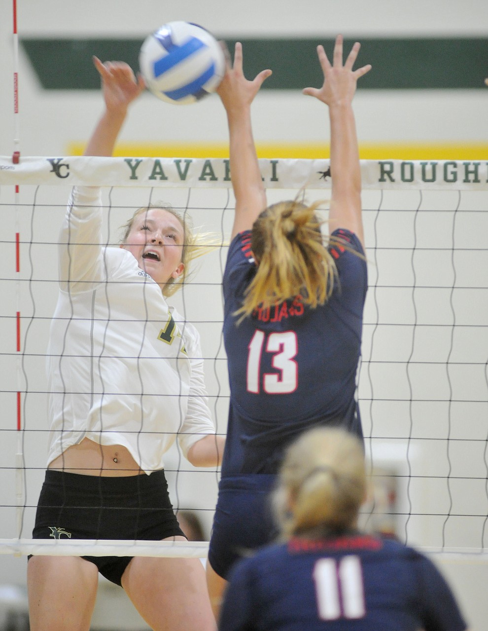 Yavapai's Madelynne McKeown gets a kill down as the Roughriders take on Seminole State in the NJCAA Region 1/District B semifinal game Wednesday night in Prescott. (Les Stukenberg/Courier)