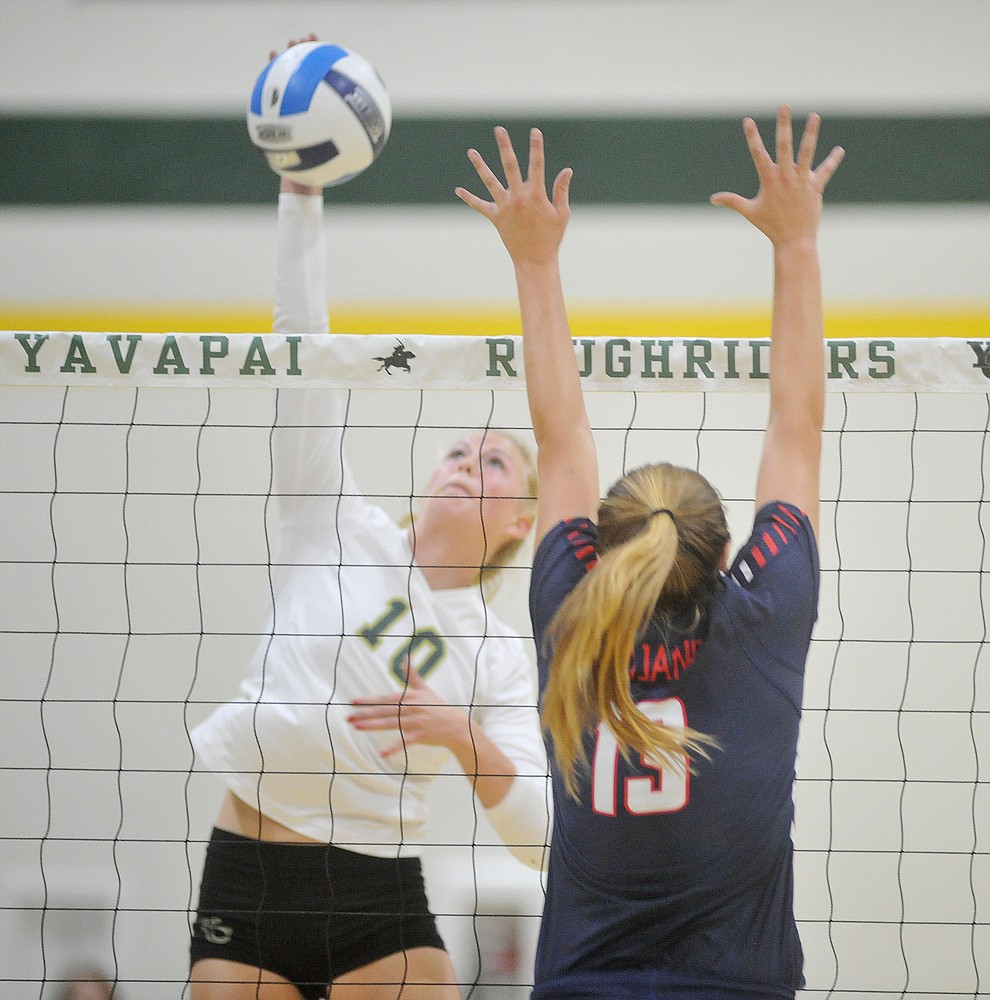 Yavapai's Bailey Anderson gets a kill as the Roughriders take on Seminole State in the NJCAA Region 1/District B semifinal game Wednesday night in Prescott. (Les Stukenberg/Courier)