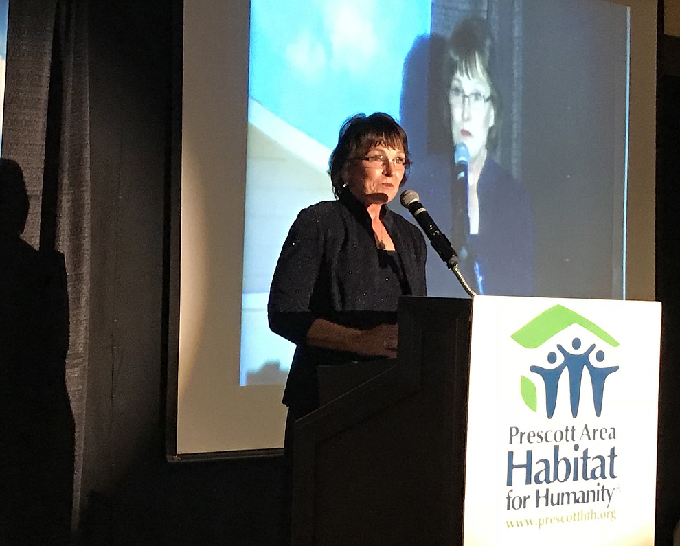 Miriam Haubrich, executive director of Prescott Area Habitat for Humanity, speaks at the 2017 Toolbelts & Tuxedos Gala on Saturday, Nov. 11, at the Prescott Resort. (Kelly Soldwedel/PNI)
