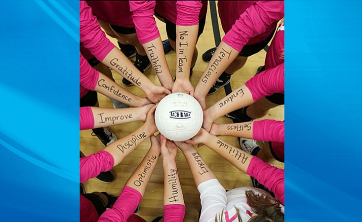 Camp Verde volleyball players wrote their “character matters” words that they implemented   through out the season on their arms. Sophomore middle Kendall Peterson had the idea for the photo (Photo courtesy Britney Armstrong).