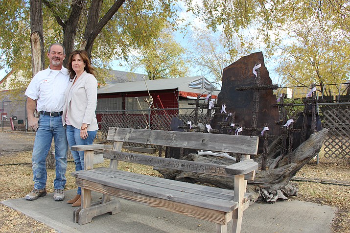 Kim and Bill Gagnon, owners of The Plumbing Store, purchased the former Granite Mountain Hotshots fire station in July and hope to fully relocate their storefront to the property in the next month or so. This bench and artwork are located on the property next to the horseshoe pits.