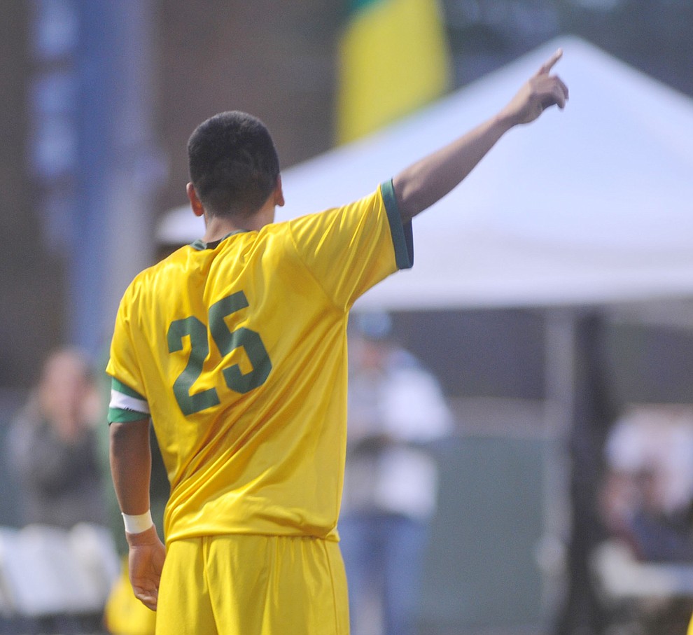 Yavapai's Jose Perez Flores celebrates his first half goal as the Roughriders take on Waubonsee Community College in the opening round of the NJCAA Division 1 National Championship Tuesday night in Prescott Valley. (Les Stukenberg/Courier)