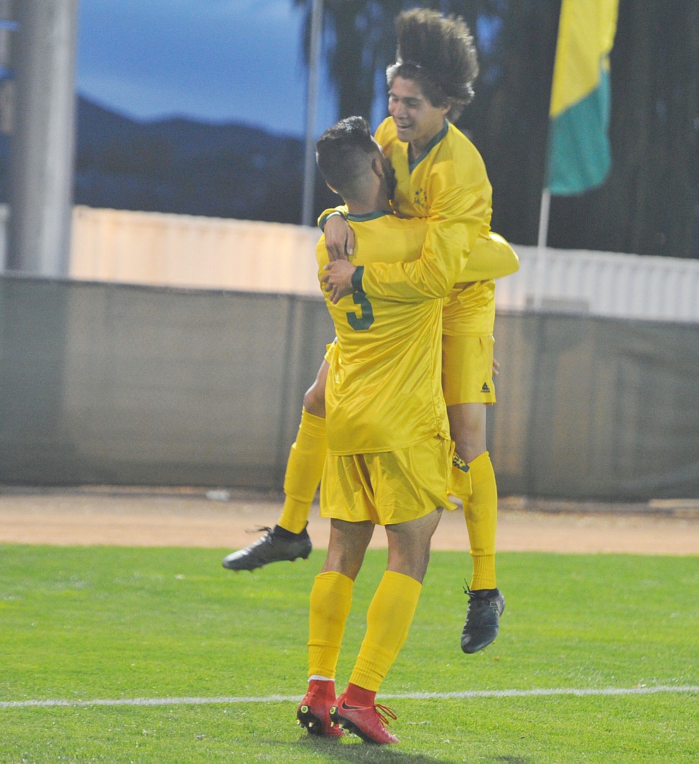 Yavapai's Ziyad Fares celebrates his first half goal as the Roughriders take on Waubonsee Community College in the opening round of the NJCAA Division 1 National Championship Tuesday night in Prescott Valley. (Les Stukenberg/Courier)