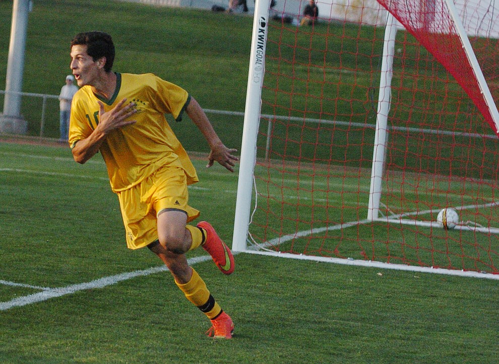 Yavapai's Carlo Quesada celebrates his first half goal as the Roughriders take on Waubonsee Community College in the opening round of the NJCAA Division 1 National Championship Tuesday night in Prescott Valley. (Les Stukenberg/Courier)