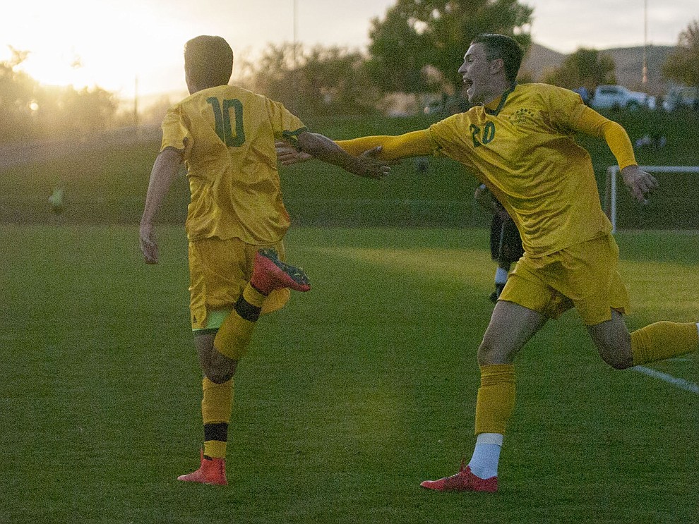 Yavapai's Carlo Quesada celebrates his first half goal as the Roughriders take on Waubonsee Community College in the opening round of the NJCAA Division 1 National Championship Tuesday night in Prescott Valley. (Les Stukenberg/Courier)
