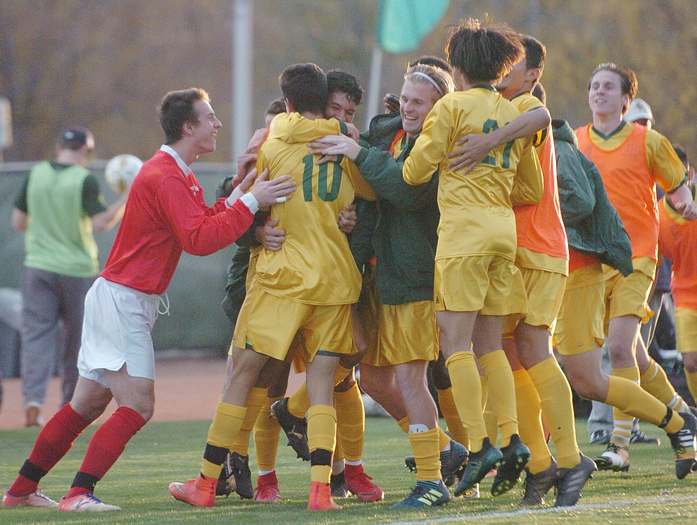 Yavapai's Carlo Quesada celebrates his first half goal as the Roughriders take on Waubonsee Community College in the opening round of the NJCAA Division 1 National Championship Tuesday night in Prescott Valley. (Les Stukenberg/Courier)