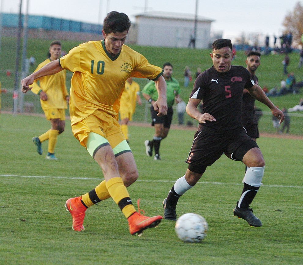 Yavapai's Carlo Quesada takes a shot on goal as the Roughriders take on Waubonsee Community College in the opening round of the NJCAA Division 1 National Championship Tuesday night in Prescott Valley. (Les Stukenberg/Courier)