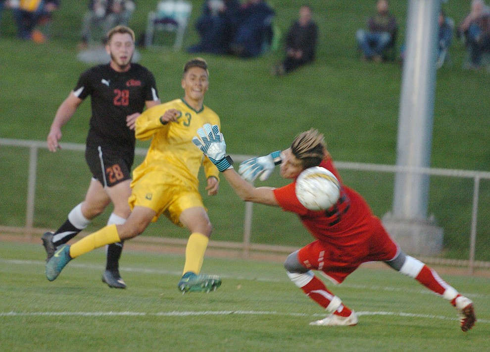 Yavapai's John Scearce scores a first half goal as the Roughriders take on Waubonsee Community College in the opening round of the NJCAA Division 1 National Championship Tuesday night in Prescott Valley. (Les Stukenberg/Courier)