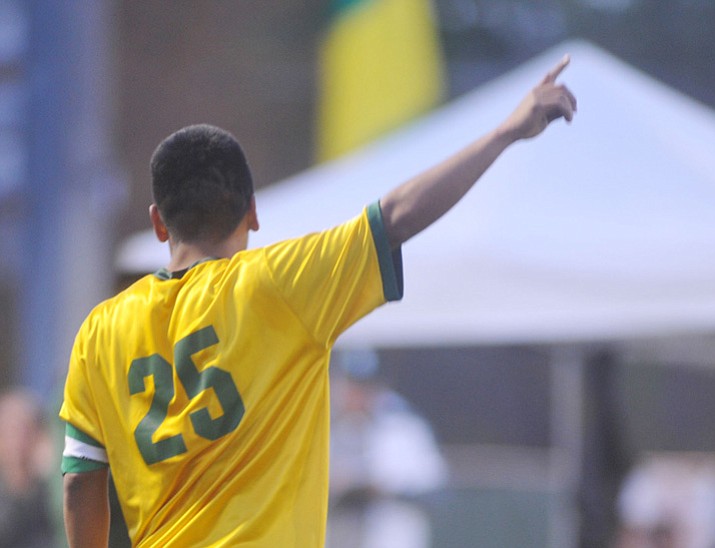 Yavapai’s Jose Perez Flores celebrates his first half goal as the Roughriders take on Waubonsee Community College in the opening round of the NJCAA Division 1 National Championship Tournament on Monday, Nov. 13, 2017, Prescott Valley. (Les Stukenberg/Courier)