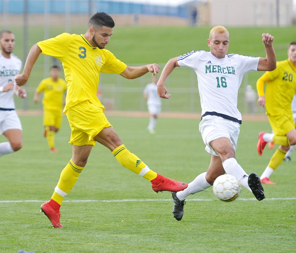 Yavapai's Ziyad Fares (3) takes a shot on goal as the Roughriders take on Mercer County Community College in the second round of the NJCAA Division 1 National Championship Wednesday afternoon in Prescott Valley. (Les Stukenberg/Courier)
