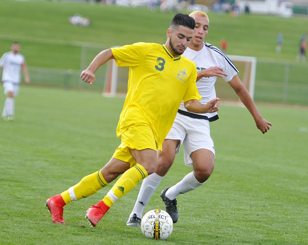 Yavapai's Ziyad Fares (3) moves the ball into the box as the Roughriders take on Mercer County Community College in the second round of the NJCAA Division 1 National Championship Wednesday afternoon in Prescott Valley. (Les Stukenberg/Courier)