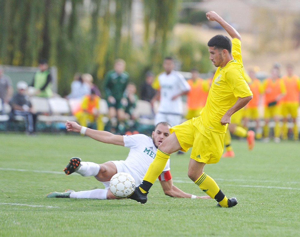 Yavapai's David Gandara (9) scores his second goal as the Roughriders take on Mercer County Community College in the second round of the NJCAA Division 1 National Championship Wednesday afternoon in Prescott Valley. (Les Stukenberg/Courier)