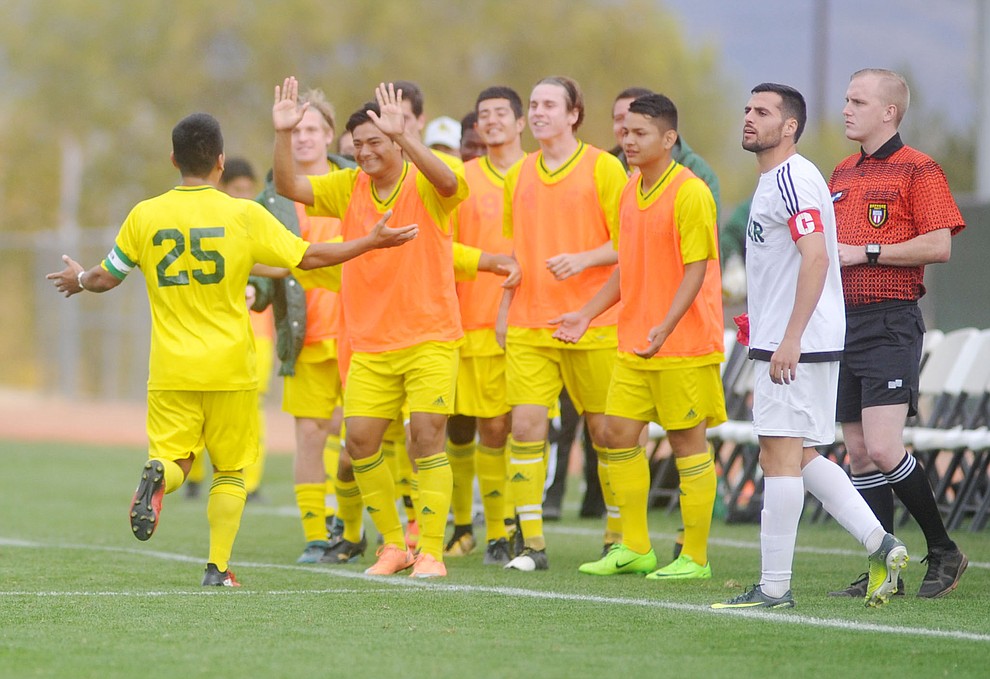 Yavapai's Jose Perez Flores celebrates his second half goal as the Roughriders take on Mercer County Community College in the second round of the NJCAA Division 1 National Championship Wednesday afternoon in Prescott Valley. (Les Stukenberg/Courier)