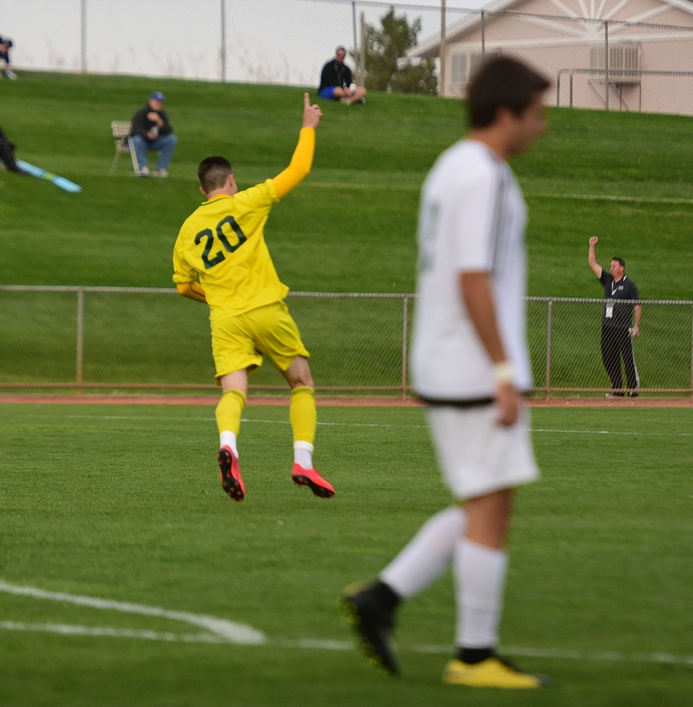 Yavapai's William Baynham (20) celebrates his second half goal as the Roughriders take on Mercer County Community College in the second round of the NJCAA Division 1 National Championship Wednesday afternoon in Prescott Valley. (Les Stukenberg/Courier)