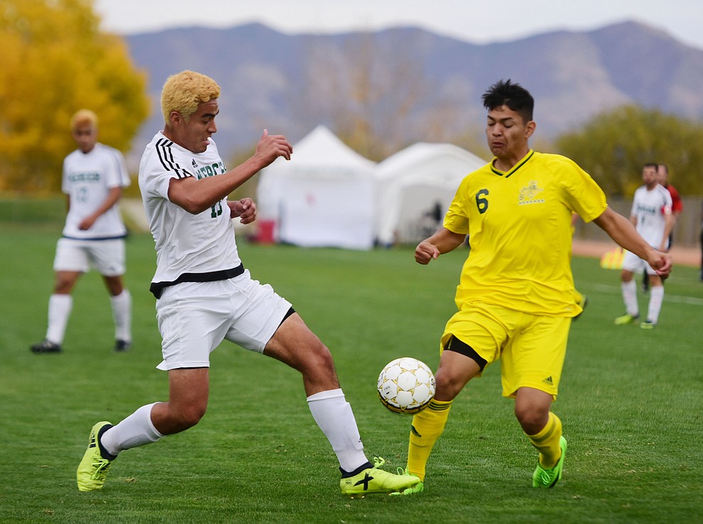 Yavapai's Angel Lujan (6) goes for the ball as the Roughriders take on Mercer County Community College in the second round of the NJCAA Division 1 National Championship Wednesday afternoon in Prescott Valley. (Les Stukenberg/Courier)