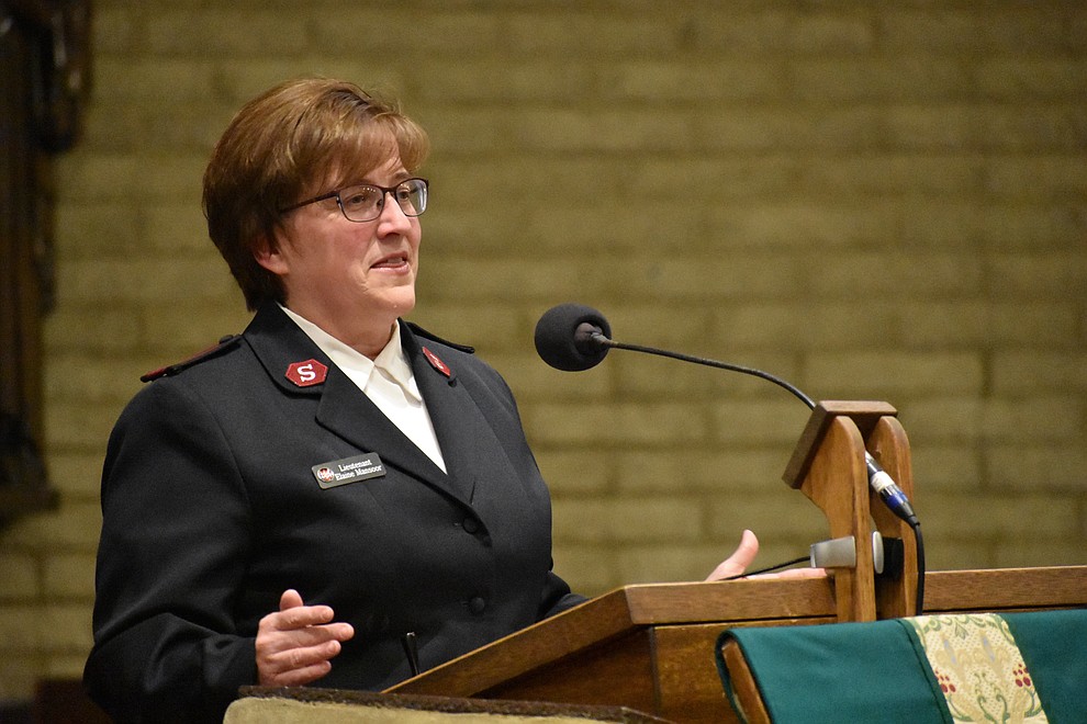 Prescott Area Salvation Army Lt. Elaine Mansoor speaks about "Operation Deep Freeze" during the 2017 Celebration of Thanks concert at Sacred Heart Church in Prescott. (Richard Haddad/WNI)