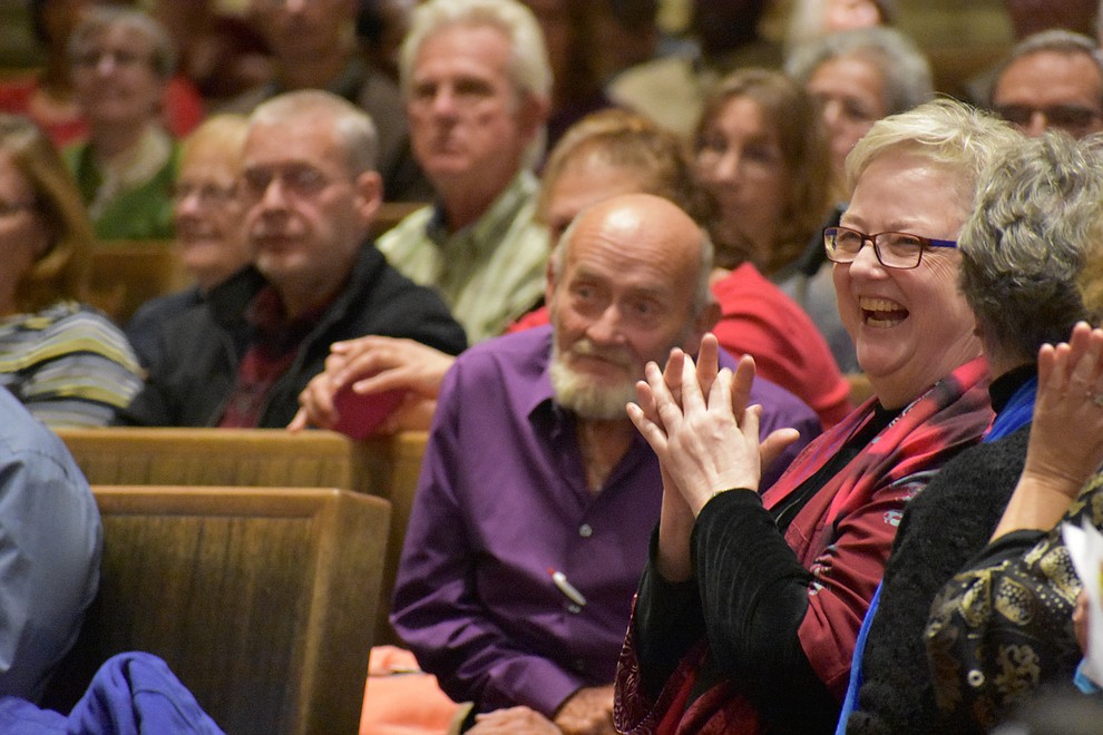 Reverend Karla Brockie of Granite Peak Unitarian Universalist Congregation smiles with excitement during the fourth annual interfaith Celebration of Thanks performance on Nov. 16, 2017 at Sacred Heart Church in Prescott. (Richard Haddad/WNI)
