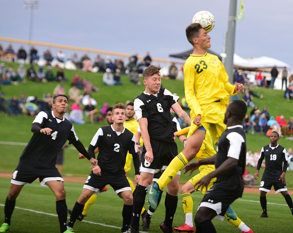 Yavapai's John Scearce heads the ball as the Roughriders take on Tyler Community College in the semifinals of the NJCAA Division 1 Men's National Championship in Prescott Valley Friday afternoon. (Les Stukenberg/Courier)