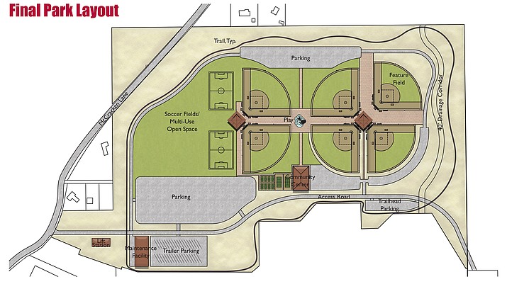 Kimley Horn’s design for the Camp Verde Sports Complex, which will be built east on SR 260 off McCracken Lane. Wednesday, the Camp Verde council voted to approve the funding mechanism associated with building phase one of the new park. (Courtesy of the Town of Camp Verde)