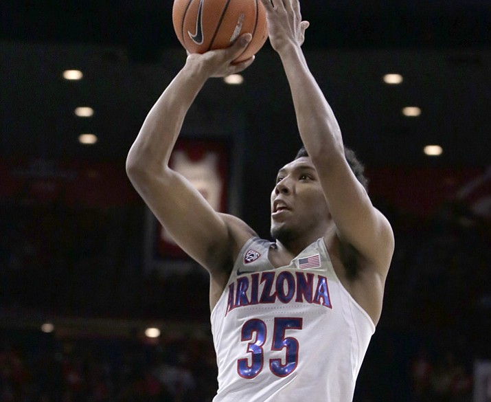 In this Nov. 16, 2017, file photo, Arizona guard Allonzo Trier (35) shoots in the second half during an NCAA college basketball game against Cal State Bakersfield, in Tucson, Ariz.  Trier is averaging 30 points per game for the Wildcats entering the Battle 4 Atlantis tournament. (Rick Scuteri/AP, File)