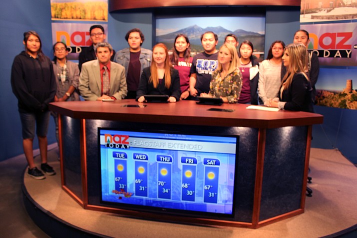 Hopi High media students join NAU newscasters on the set at Northern Arizona University. Stan Bindell/NHO