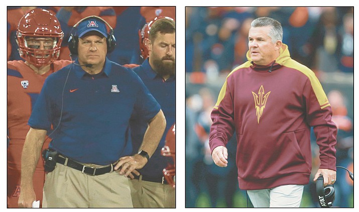 Arizona head coach Rich Rodriguez, left, and Arizona State head coach Todd Graham will face each other Saturday, Nov. 25, 2017, in the annual rivalry between the Wildcats and Sun Devils. (AP Photos)