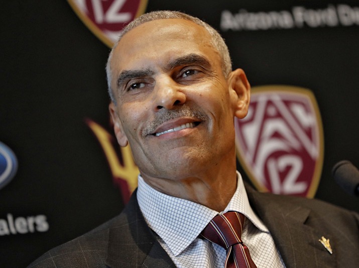 Newly appointed Arizona State University NCAA college football head coach Herman Edwards smiles during a news conference, Monday, Dec. 4, 2017, in Tempe. (Matt York/AP)