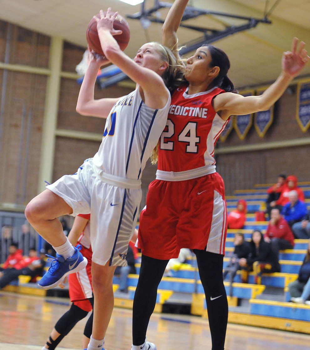 ERAU's Amber Rollins (10) goes up for two-points as the Eagles take on Benedictine Mesa in womens basketball Thursday night in Prescott. (Les Stukenberg/Courier)