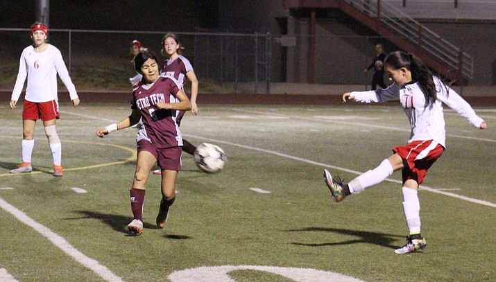 Mingus sophomore Marli Urueta scores during the Marauders’ 7-0 win over Metro Tech. Urueta scored nine goals and had four assists in the first four games of the season.  (VVN/James Kelley)